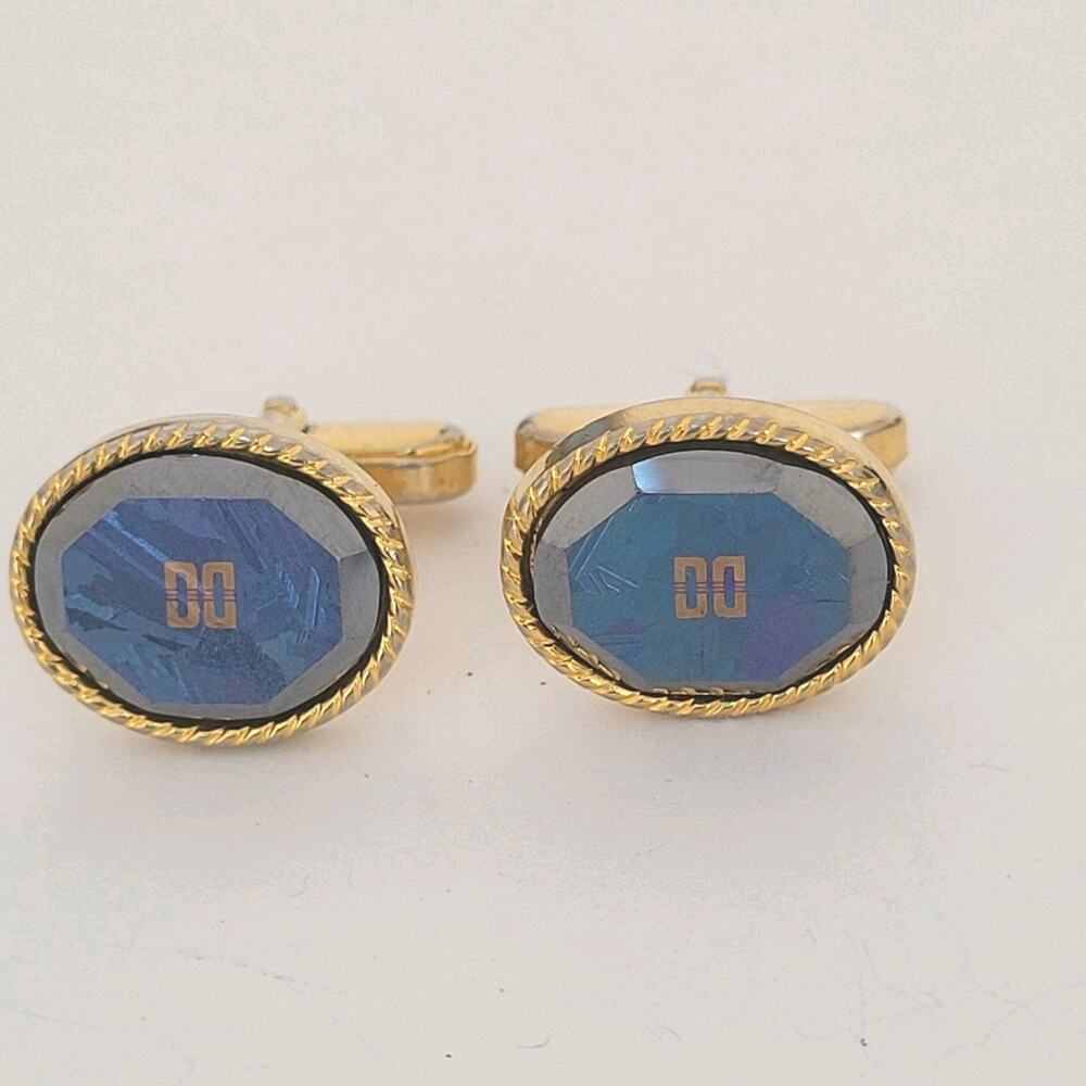 Unbranded Cufflinks Gold Blue Iridescent Stone Tone Rope Edges Vintage Oval
